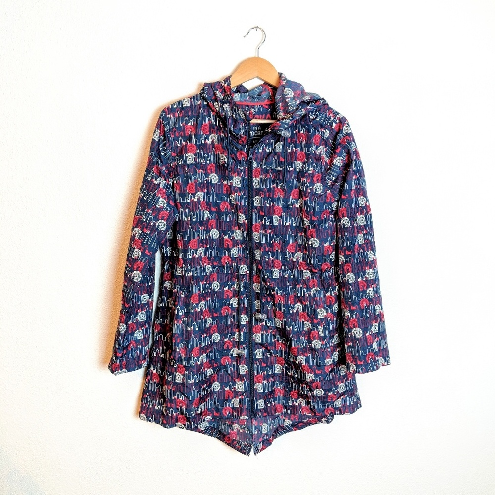 Navy Cityscape Print Parka in a Pocket Rain Shell